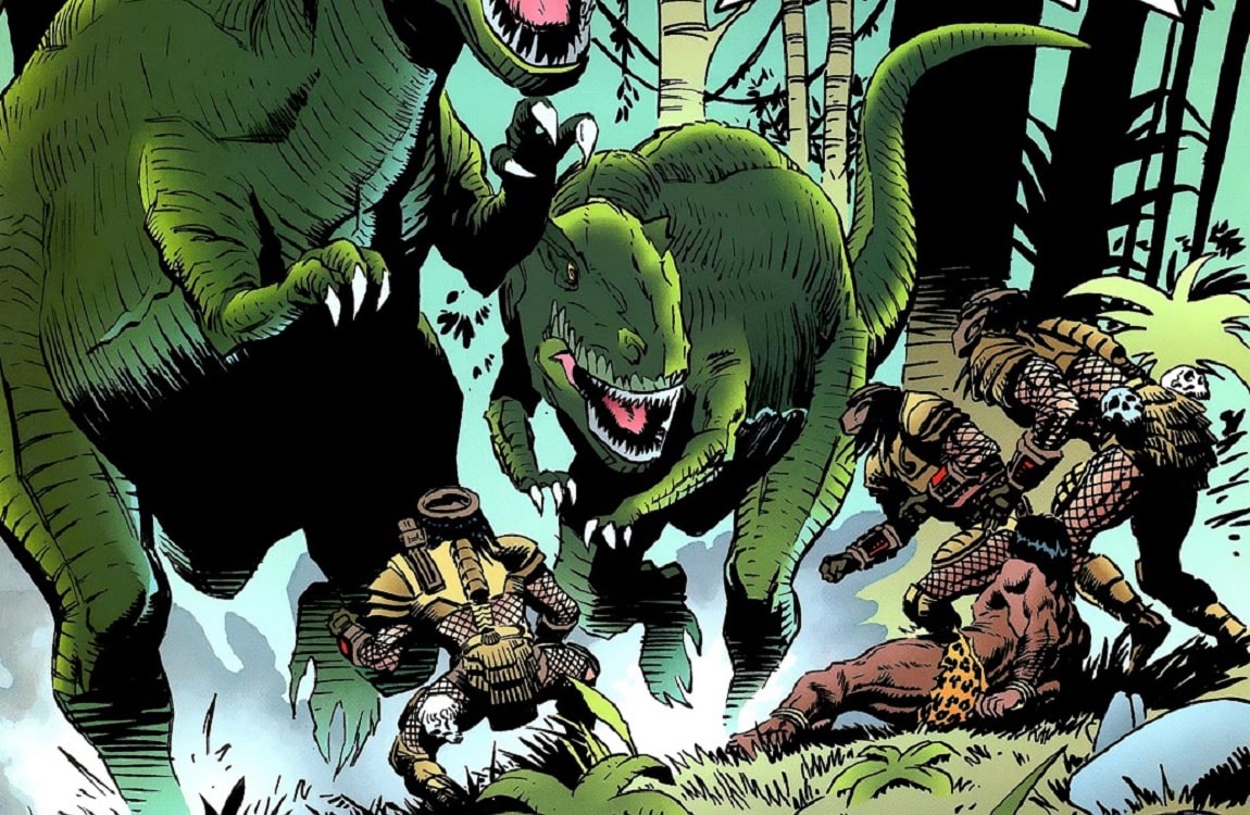 Predators fighting T-Rexes in Tarzan vs. Predator