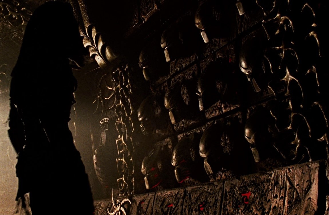 Wolf Predator's trophy room on Yautja Prime, featuring many masks