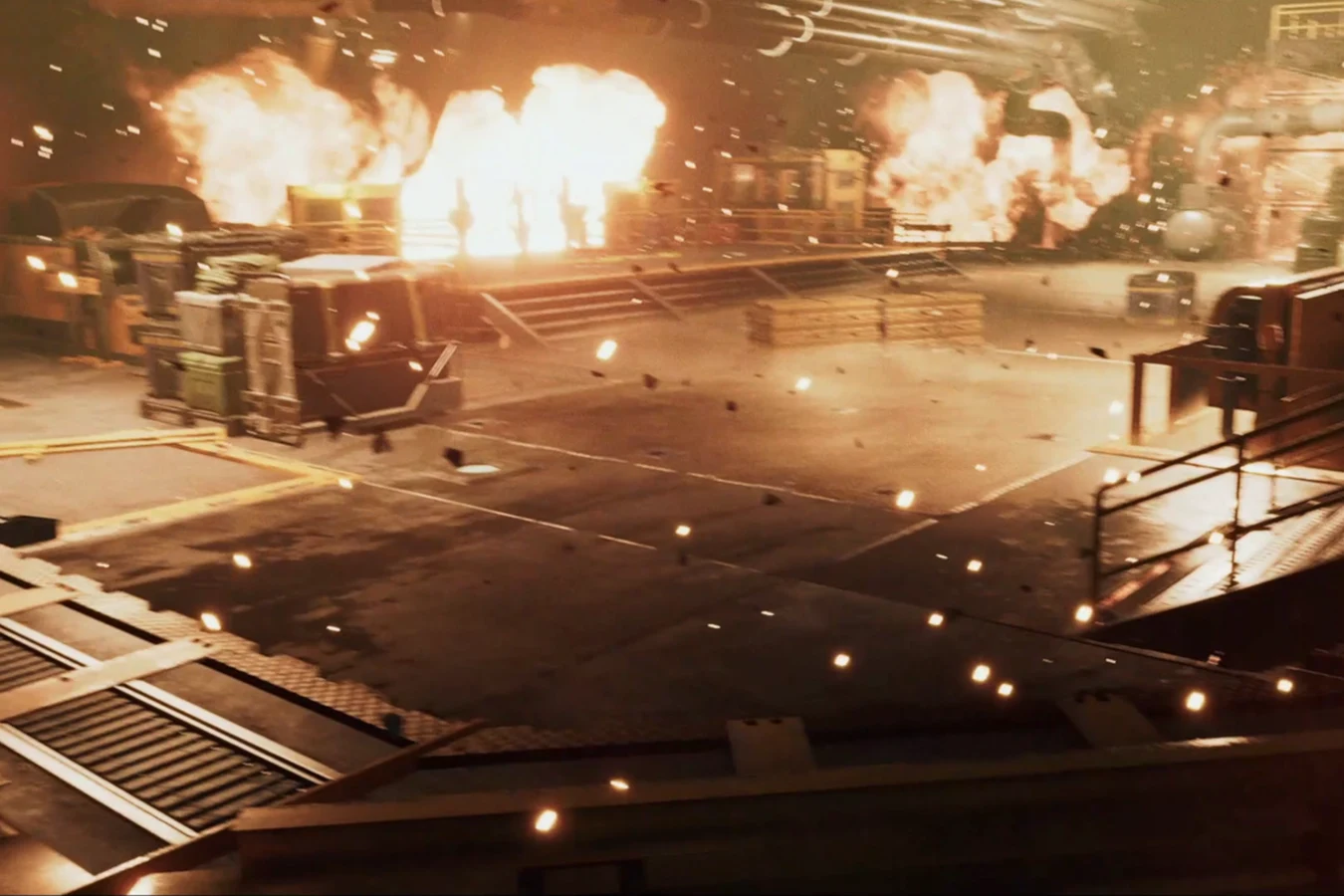 Explosions tearing through an industrial hall that held Acidium tanks at Storr's Boon in Aliens Fireteam Elite 2