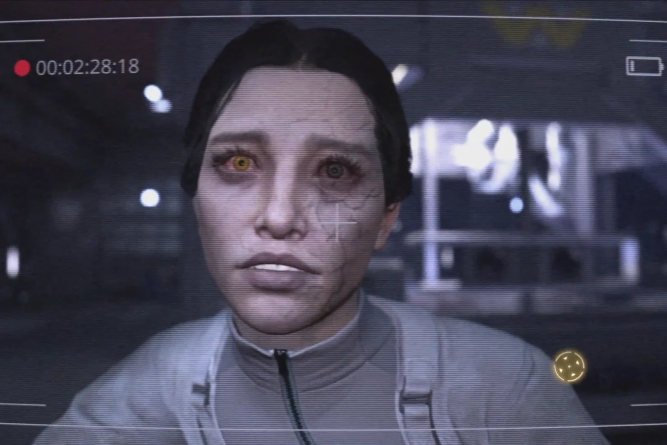 Dr. Lily Pearce after Acidium exposure, with one amber eye and dark veins on her face in Aliens Fireteam Elite 2