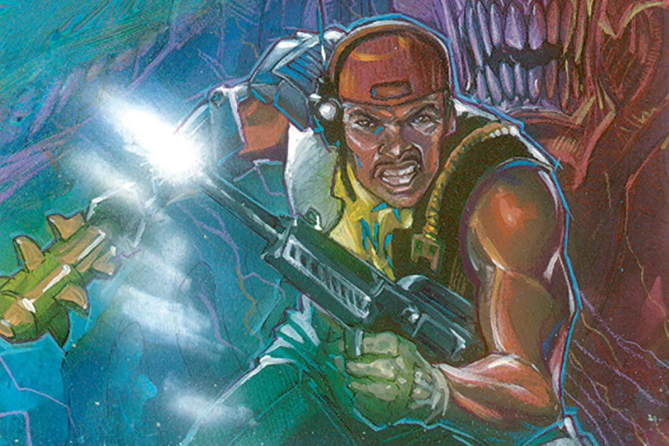 Kenner Aliens Space Marine card art of Apone firing a pulse rifle with a Xenomorph behind him
