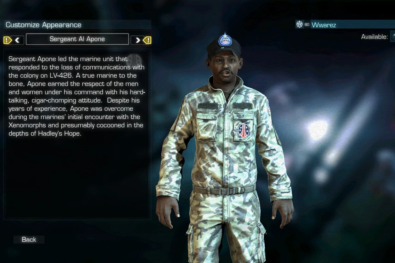 Sergeant Al Apone multiplayer skin in Aliens: Colonial Marines, with cigar and in-game bio