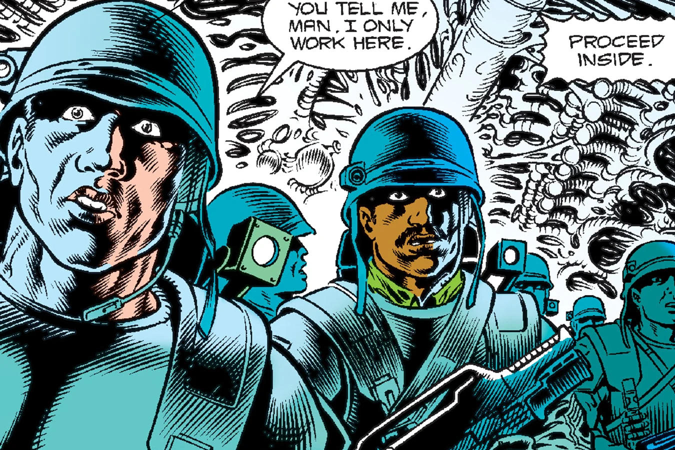 Apone leading Marines into the Hadley's Hope hive in Aliens: Newt's Tale