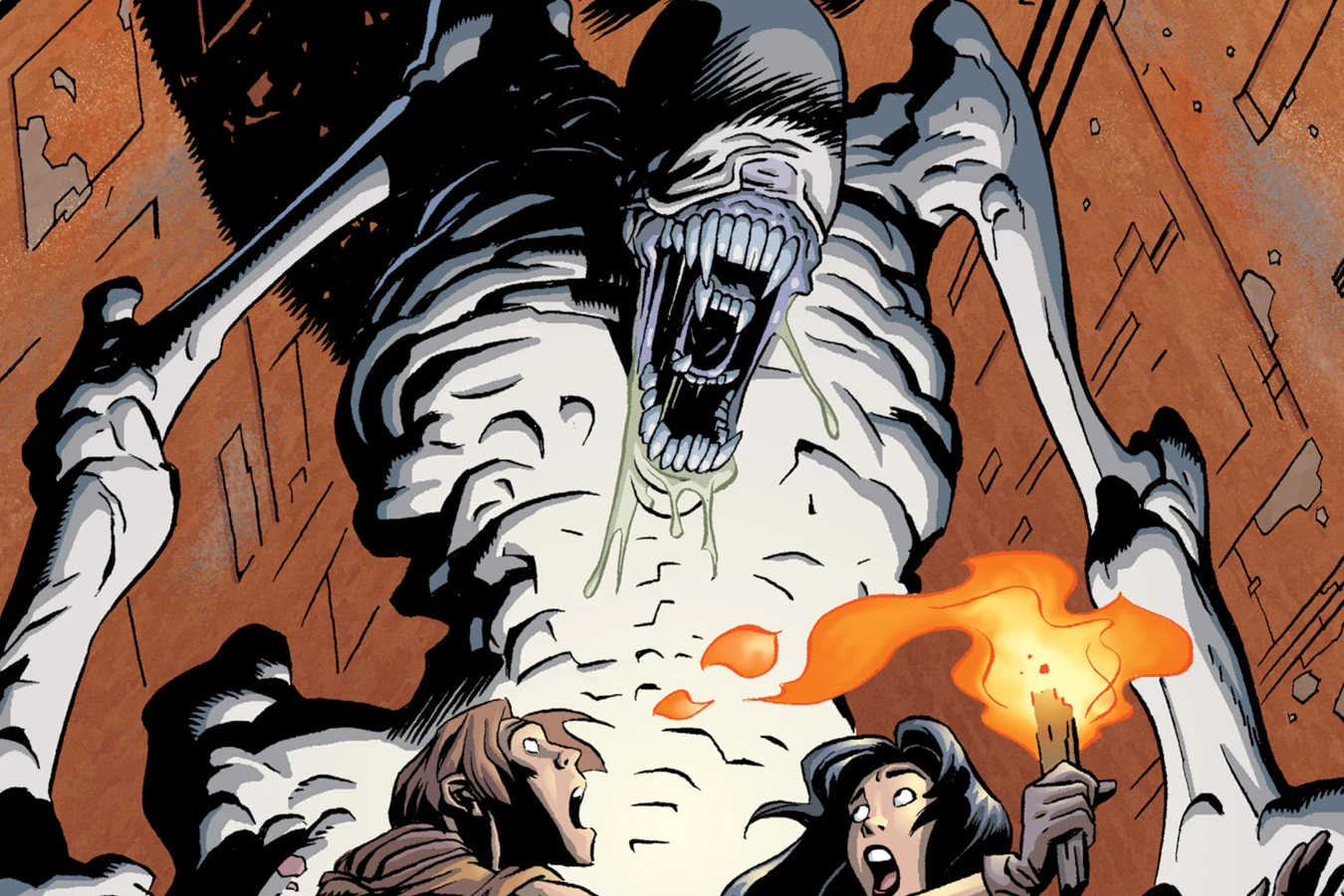 The pale Wraith Xenomorph looms over teens in a cave in Aliens: Wraith
