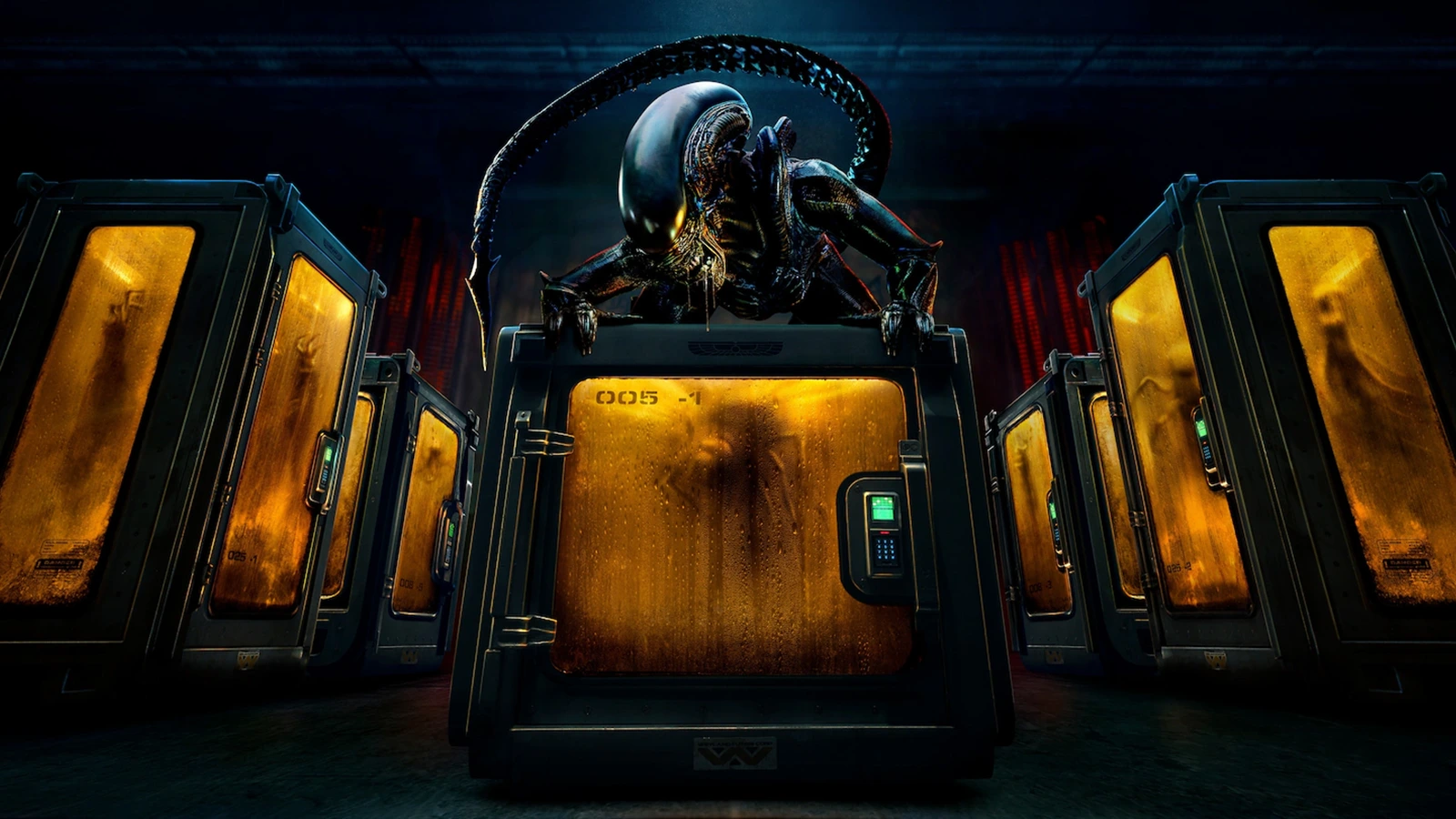 A Xenomorph perched on containment pods holding Alien: Earth specimens