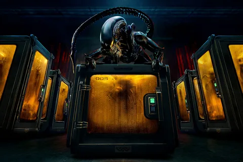 A Xenomorph perched on containment pods holding Alien: Earth specimens