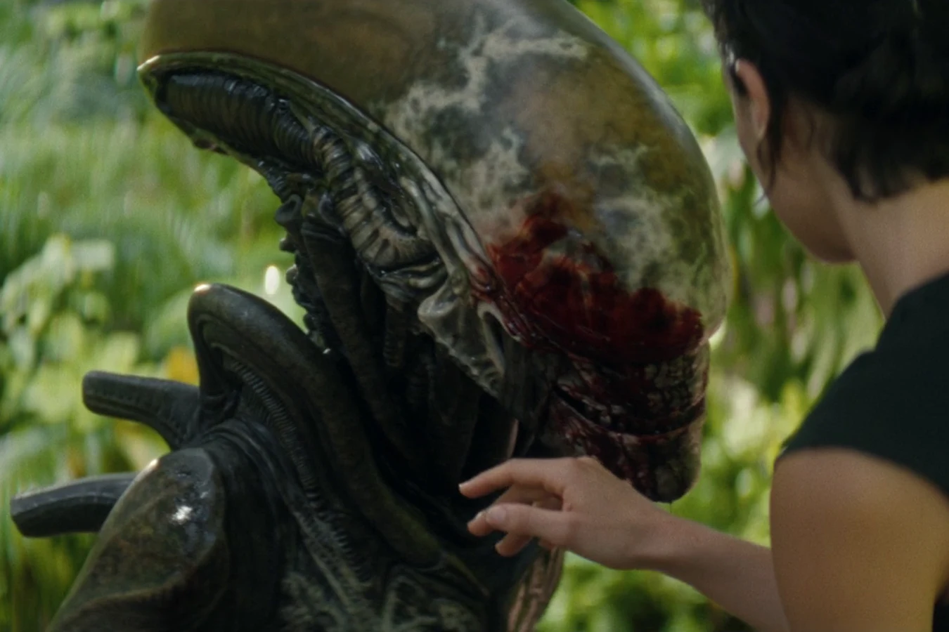A Xenomorph from Alien: Earth facing a human in a jungle setting
