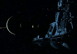The Nostromo approaching LV-426 in the Alien timeline