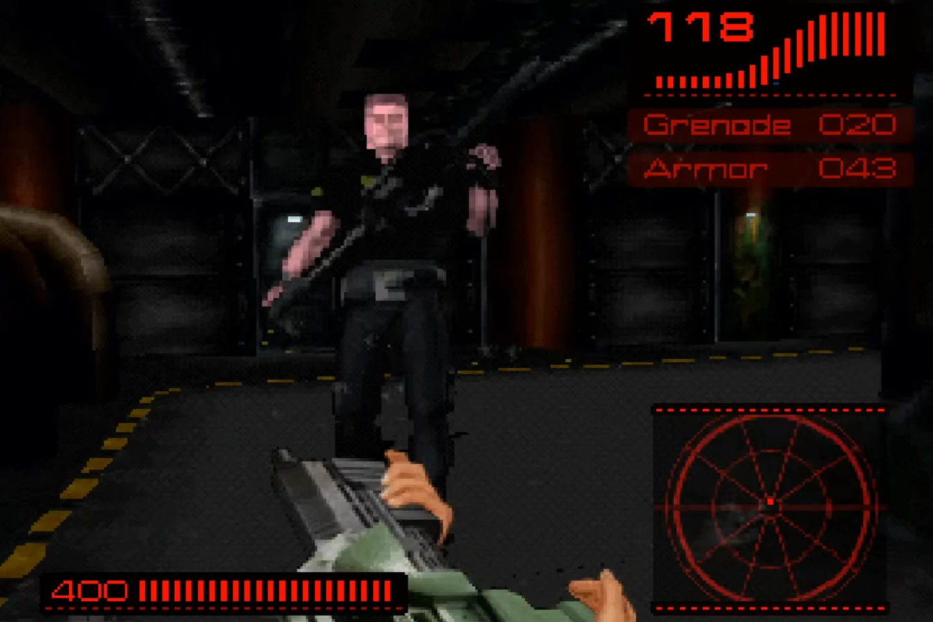 A company soldier in a colony corridor in Alien Trilogy, seen over the pulse rifle