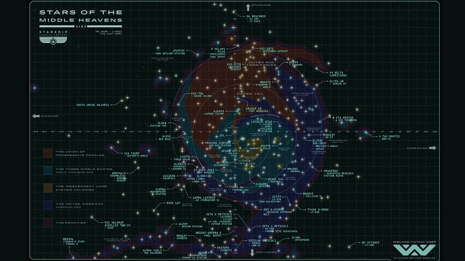 Stars of the Middle Heavens star map for 2183, marking the United Americas, the Three World Empire, the Union of Progressive Peoples, and the Independent Core System Colonies