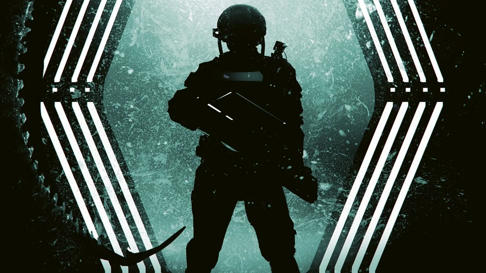 Colonial Marine silhouette with a pulse rifle inside a glowing hexagonal frame