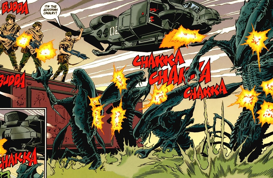 A dropship fights aquatic Xenomorphs in the Aliens: Colonial Marine comic series