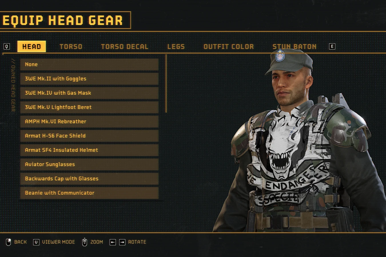 Colonial Marine outfit screen with head, torso, legs, and Stun Baton tabs in Aliens Fireteam Elite 2
