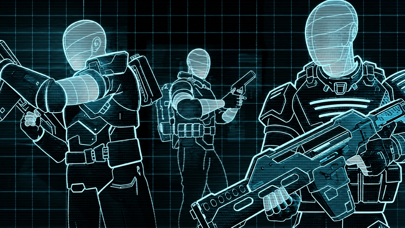 Wireframe Colonial Marines and pulse rifle schematic for Fireteam Elite 2 Challenge Cards