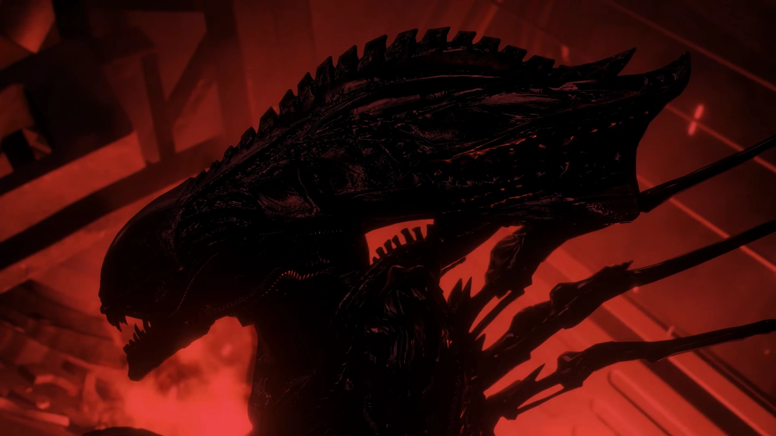 A Praetorian Xenomorph silhouetted in red light in Aliens: Fireteam Elite 2