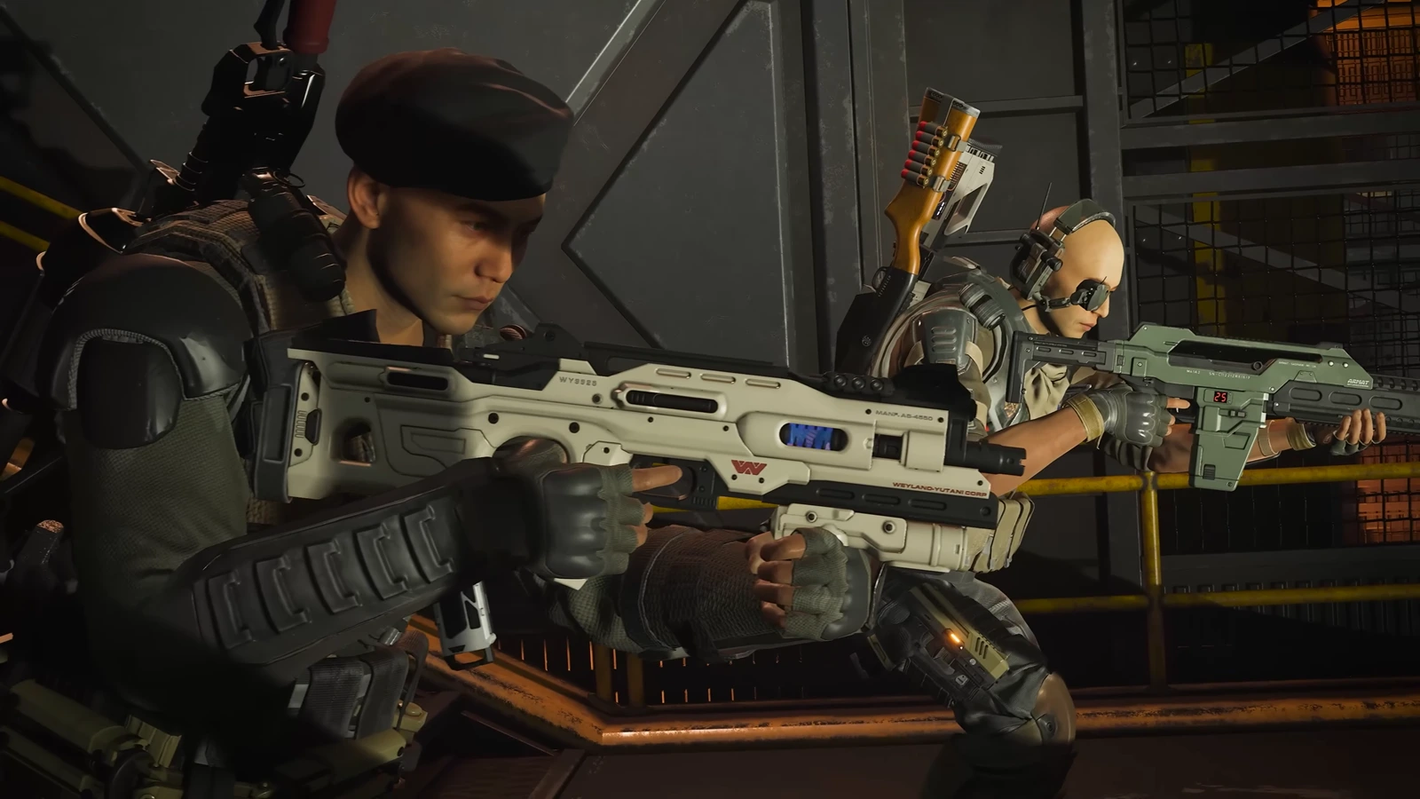 Two Colonial Marines aiming an M41A2 Pulse Rifle and a Weyland-Yutani rifle in Aliens Fireteam Elite 2