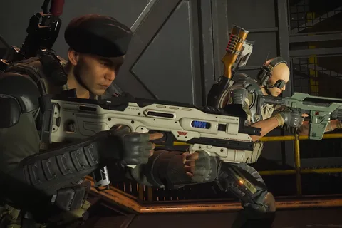Two Colonial Marines aiming an M41A2 Pulse Rifle and a Weyland-Yutani rifle in Aliens Fireteam Elite 2