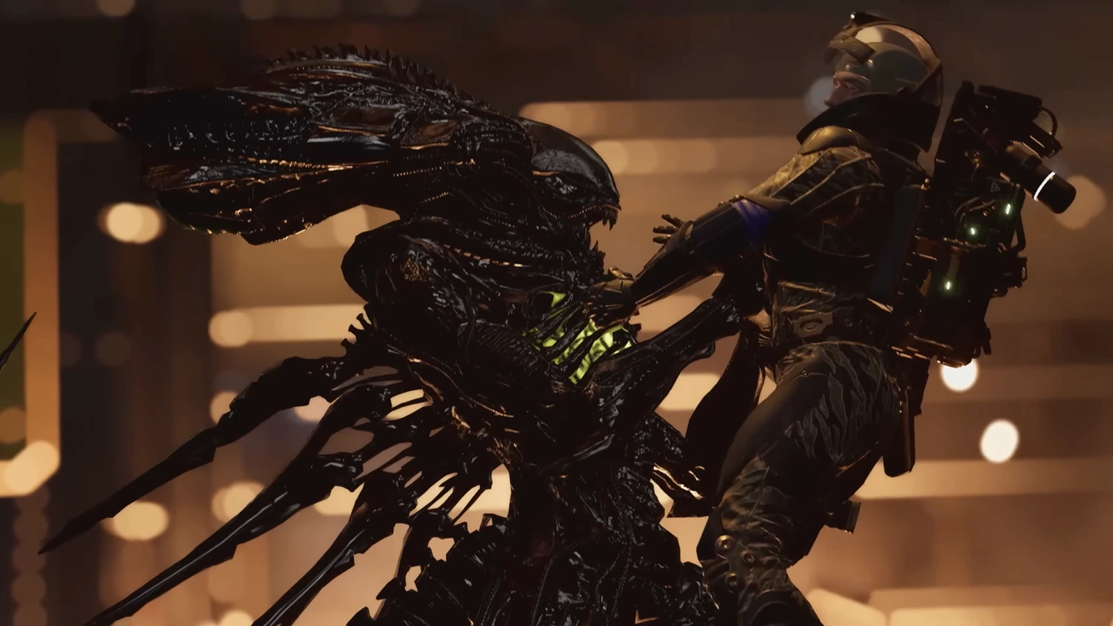 A Colonial Marine grapples with a pathogen-mutated Xenomorph in Aliens: Fireteam Elite