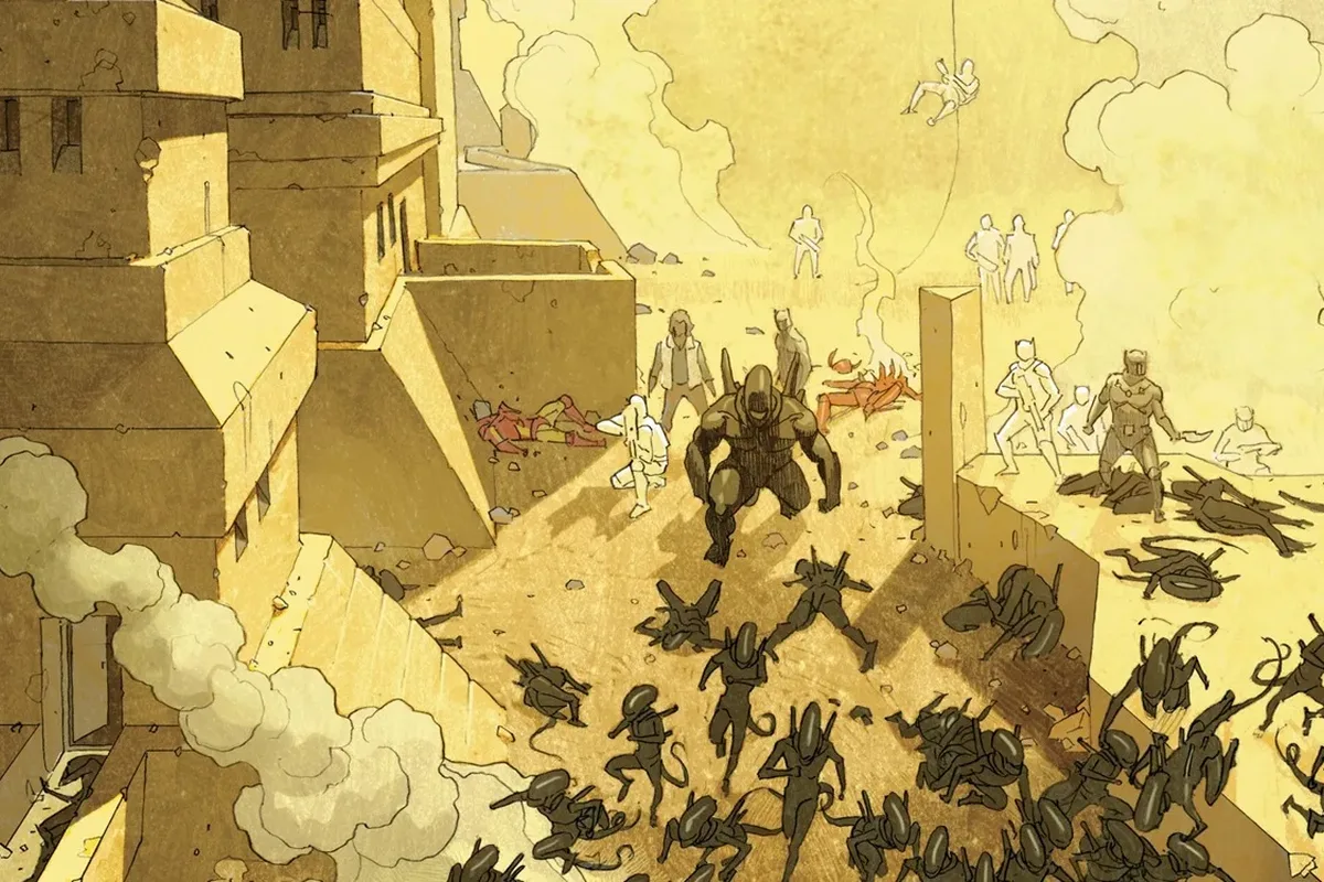 The Venom Xenomorph leading a Xenomorph hive during the Aliens vs. Avengers invasion of Earth
