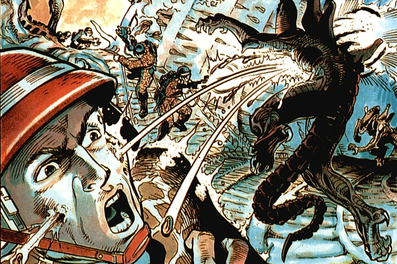 A soldier in a red helmet fires on a leaping Xenomorph during the Hollywood hive raid