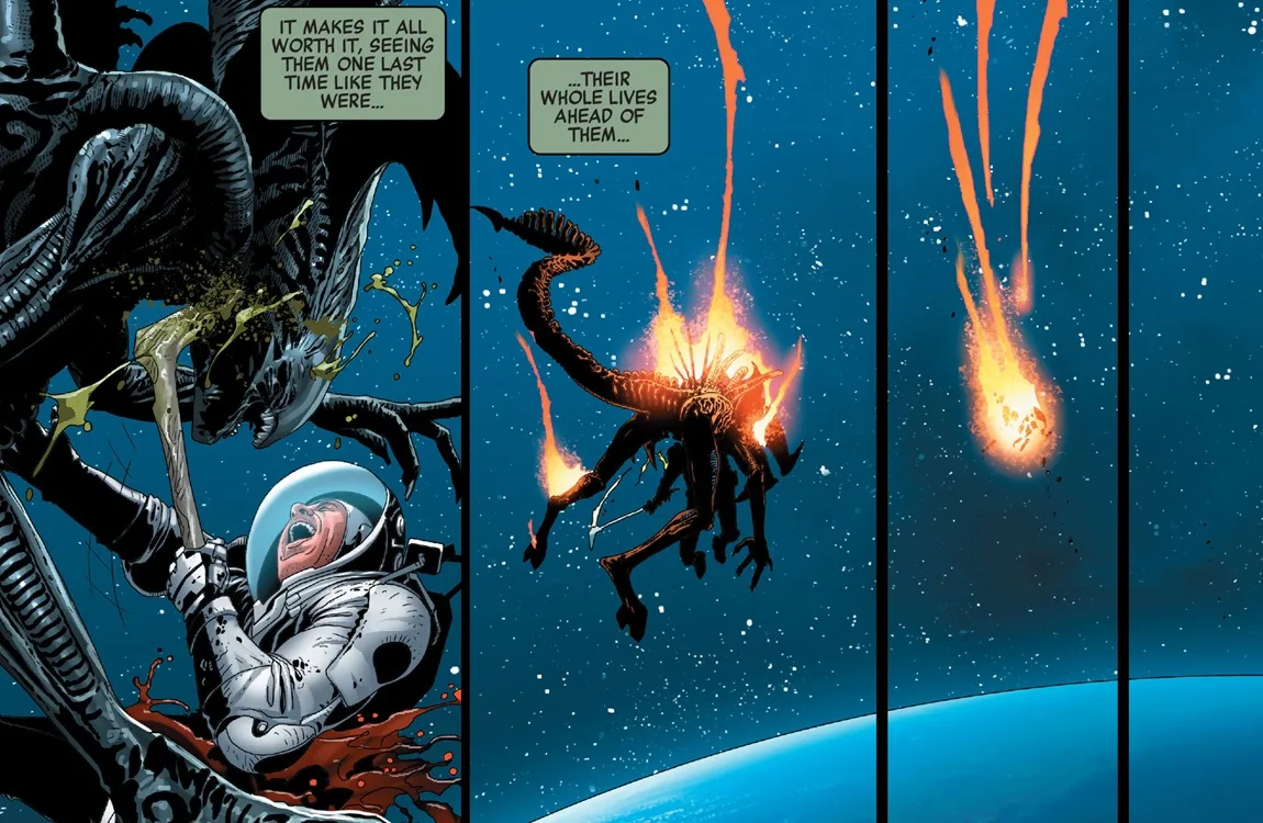 The Alpha Xenomorph and Gabriel Cruz being thrown into space