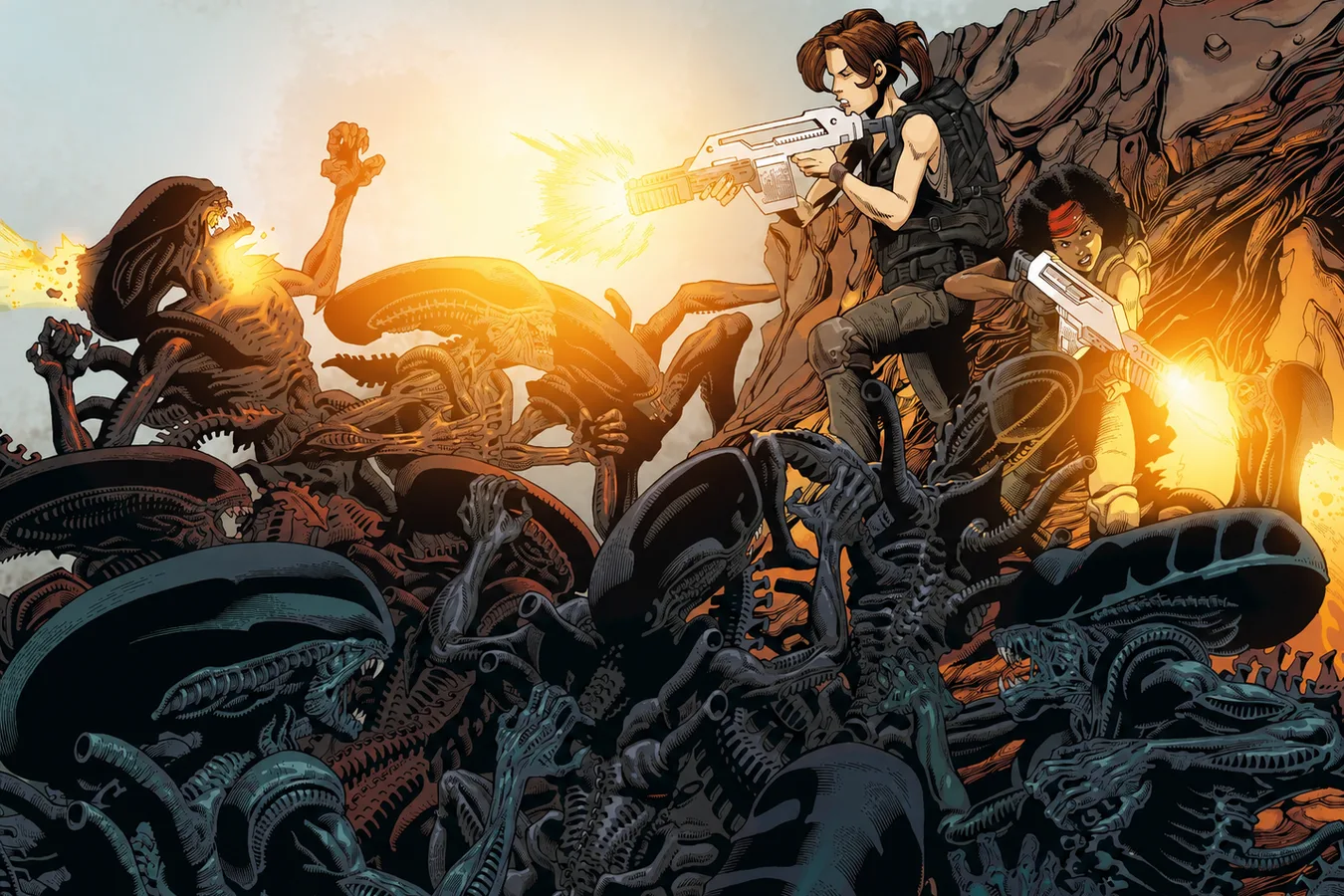 Amanda Ripley and Zula Hendricks fighting Xenomorphs in Aliens: Rescue