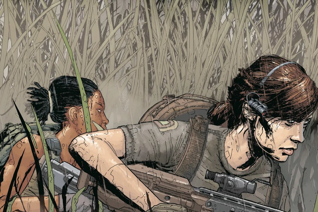 Amanda Ripley and Zula Hendricks moving through grass in Aliens: Resistance