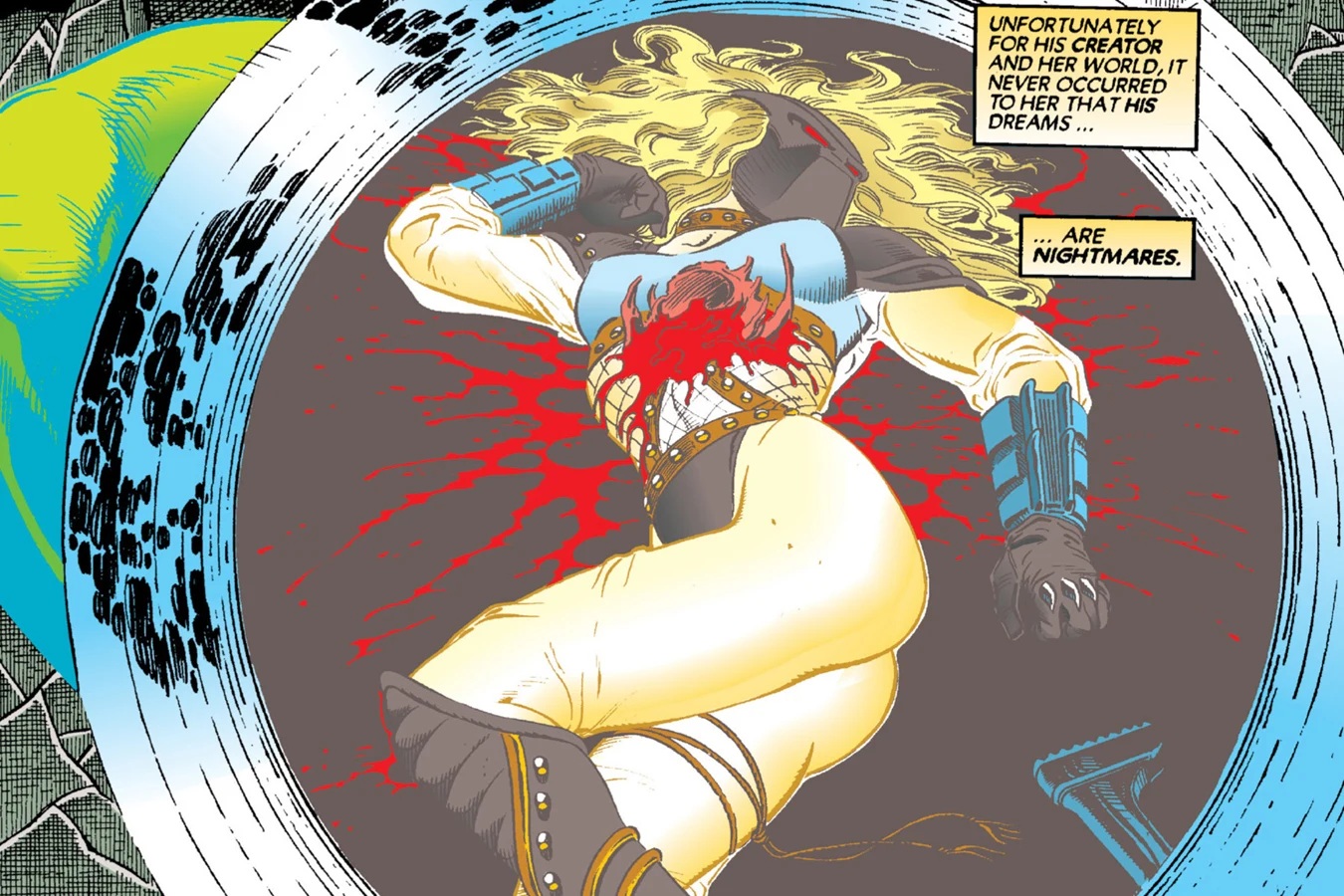 A chestburster tears out of the trophy body while Ash lies in a circular frame