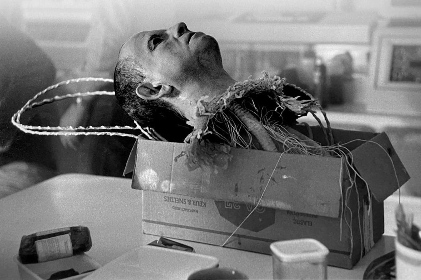 Ian Holm's Ash head prop in a cardboard box on the Alien set