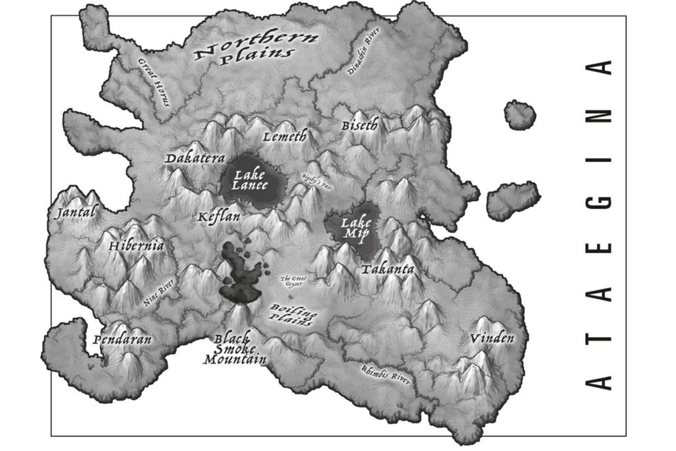 Map of Ataegina from Aliens: Phalanx, showing the island, lakes, mountain holds, Boiling Plains, and Black Smoke Mountain