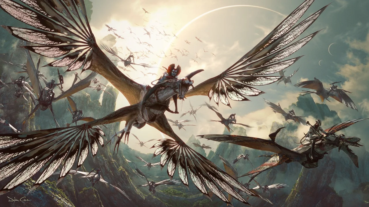 Ash Clan Na'vi riders flying over Pandora during Avatar Fire and Ash