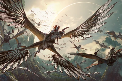 Ash Clan Na'vi riders flying over Pandora during Avatar Fire and Ash