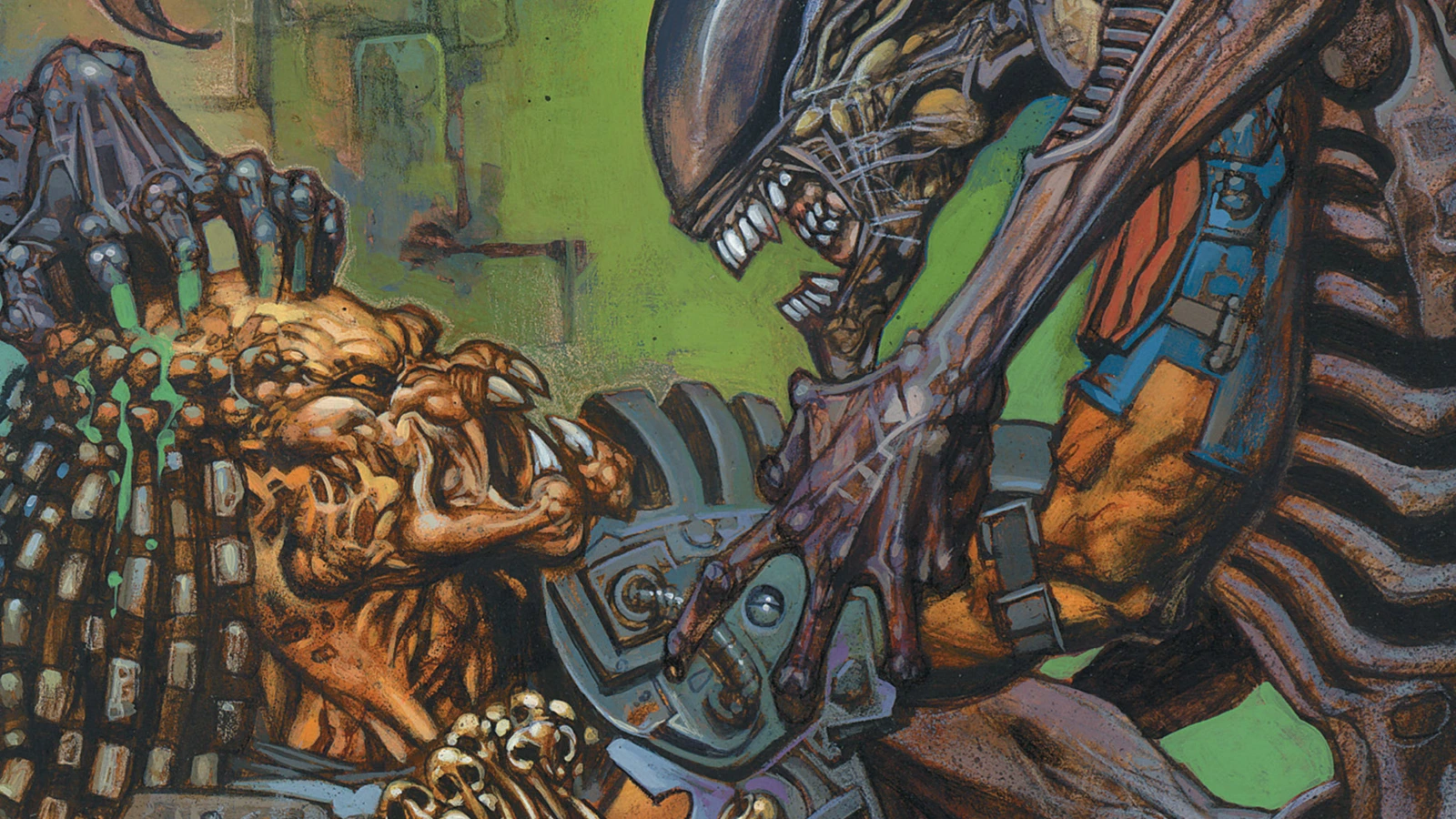 A Xenomorph and a Yautja face each other beside a trophy wall in Aliens vs. Predator: Eternal