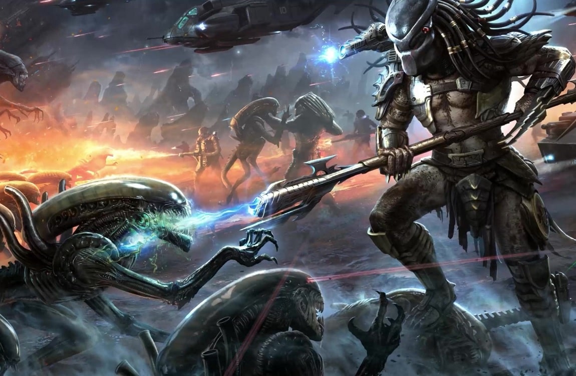 A Predator uses advanced weaponry against Xenomorphs in a big fight