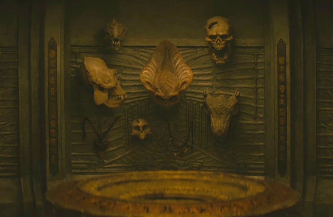 The skulls in the middle portion of the trophy wall