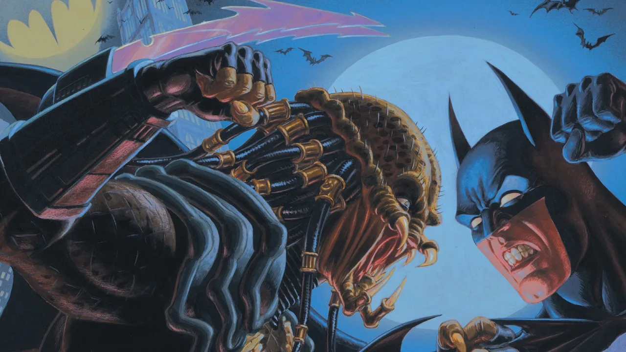 Batman fighting a Predator in Gotham City