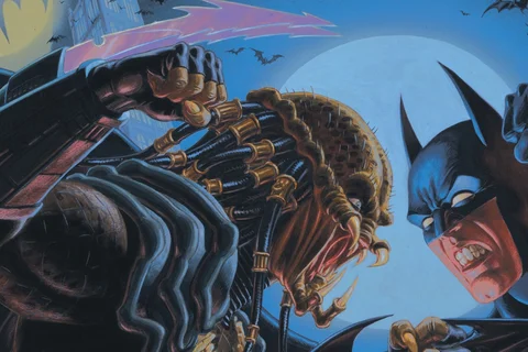 Batman fighting a Predator in Gotham City