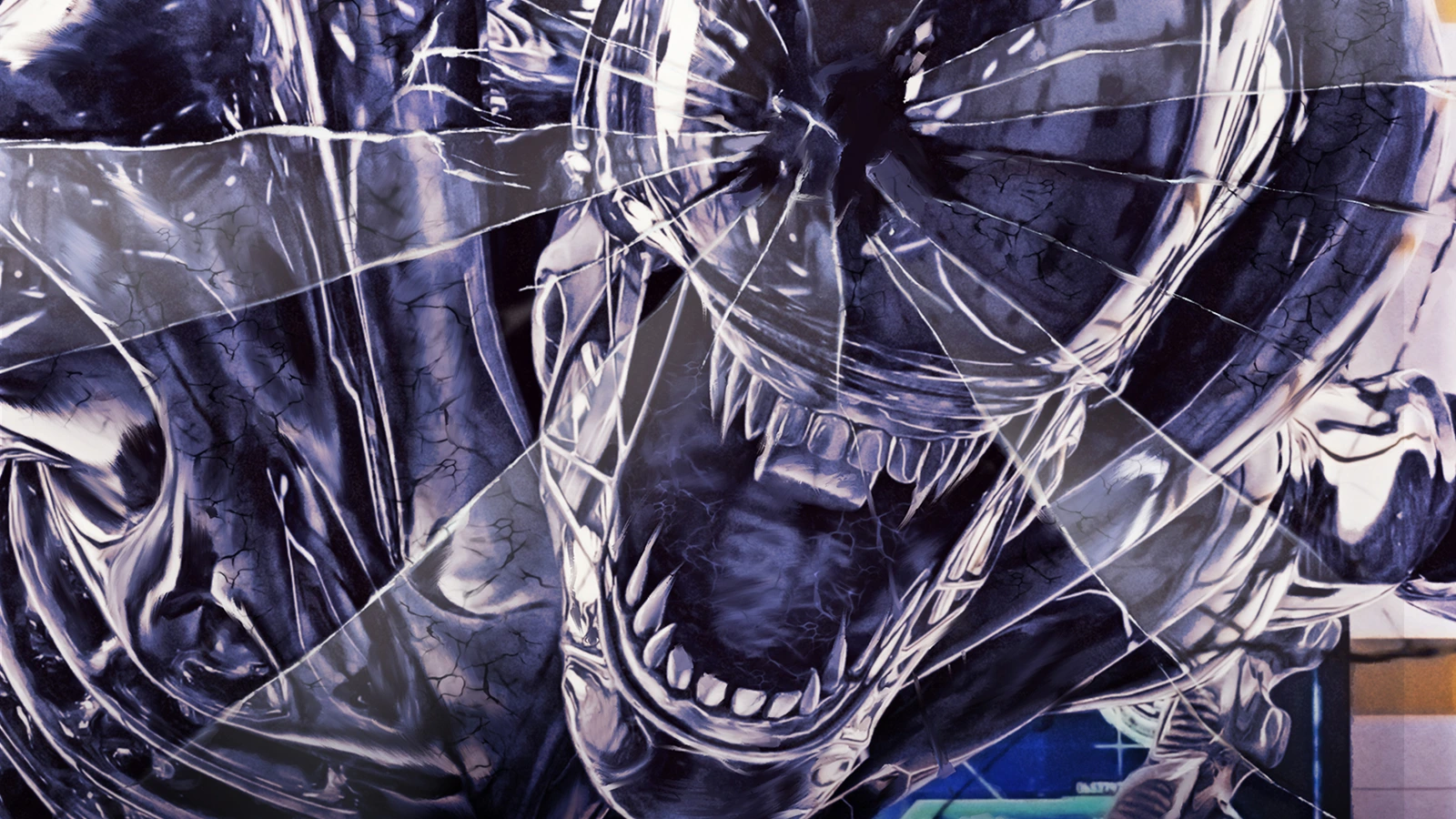 A Biodrone Xenomorph bursting through shattered glass