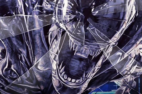 A Biodrone Xenomorph bursting through shattered glass