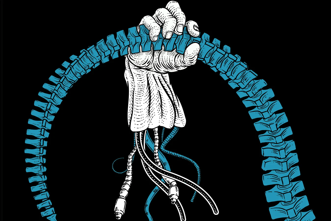 Cover art for Aliens: Bishop, a severed synthetic hand gripping a Xenomorph tail