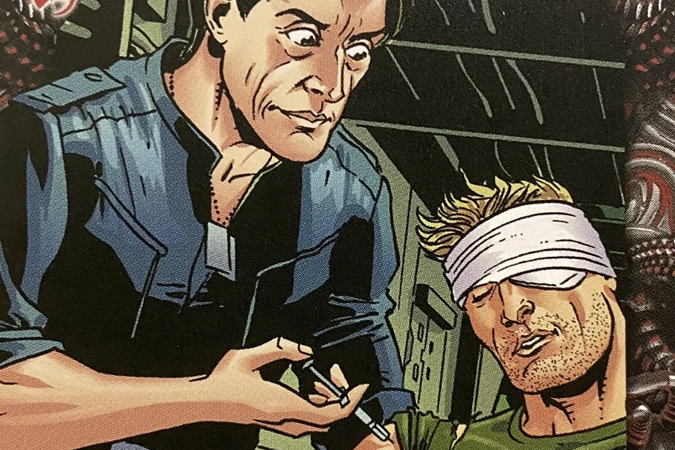 Legendary Encounters Get Him to Medical card art, Bishop treating a wounded Colonial Marine with a syringe