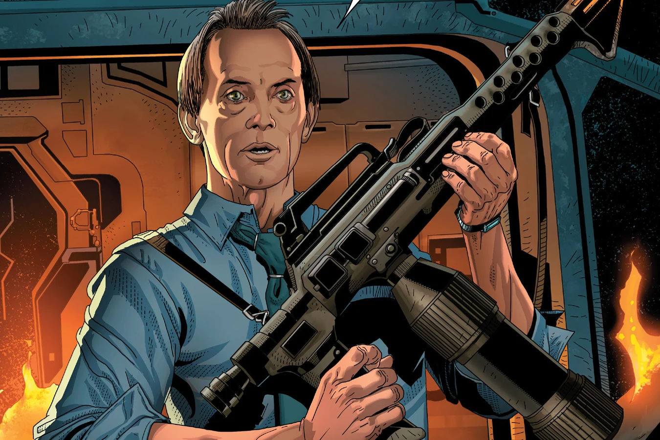 Bishop-model android from Alien: Bloodlines holding a pulse rifle in a burning hatch