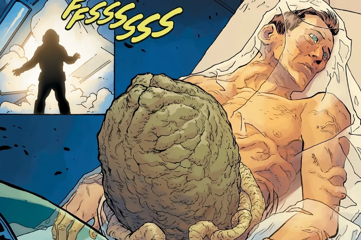 An Alien egg growing from Bishop's body in the Sulaco cryotube in William Gibson's Alien 3 comic