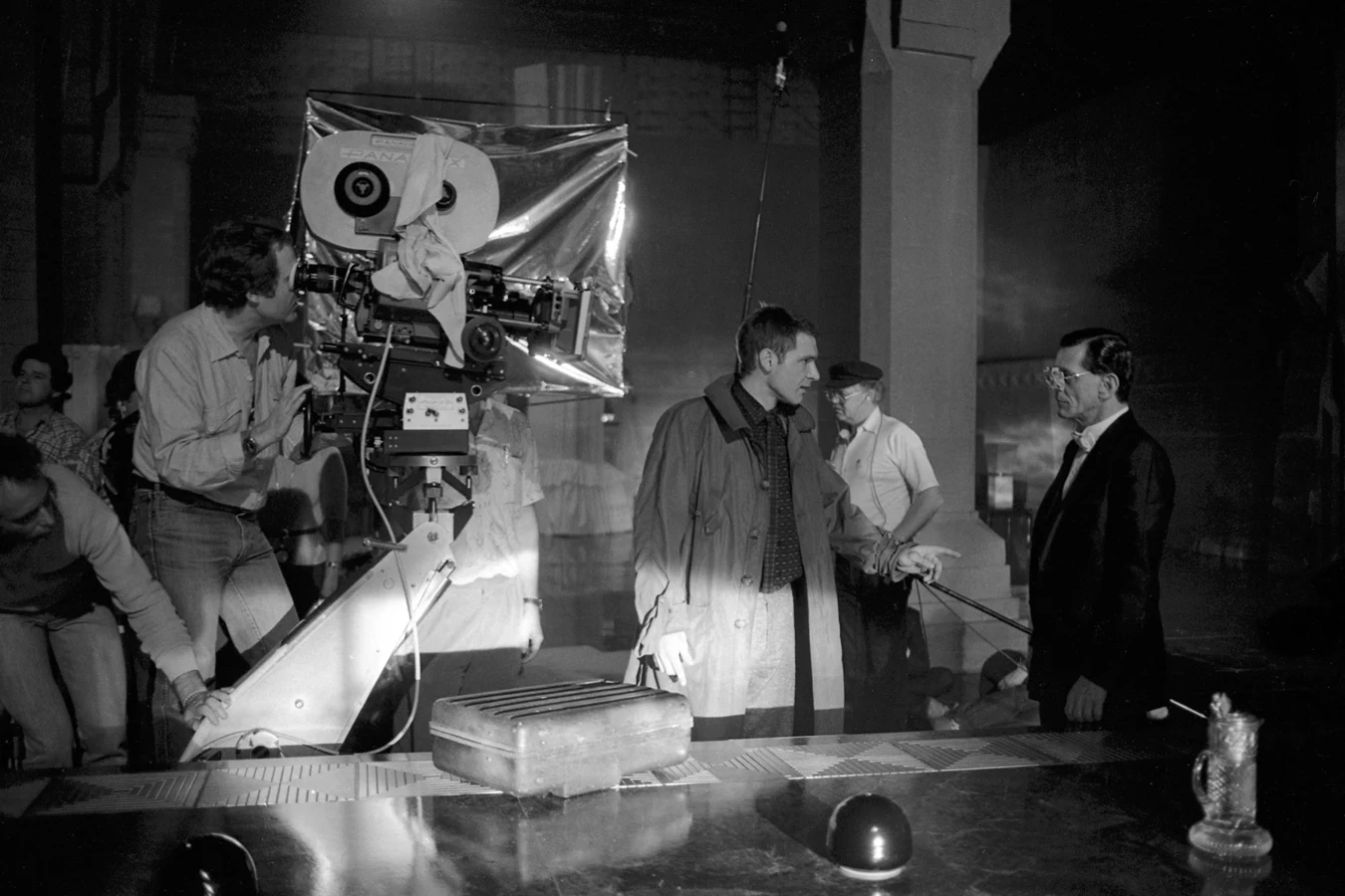 Harrison Ford on the Blade Runner set beside a camera