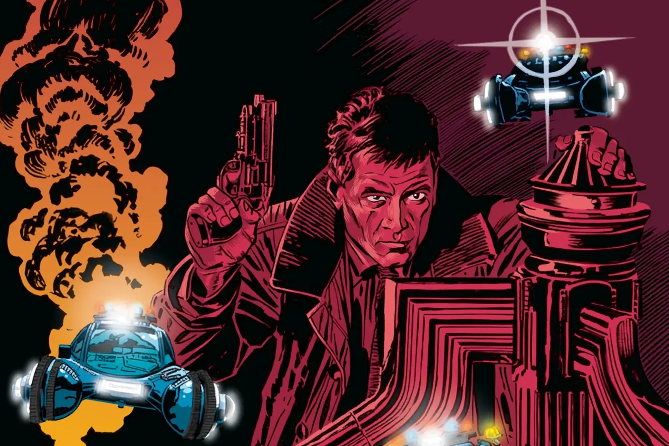 Rick Deckard with a pistol among spinners, from the Marvel Blade Runner comic