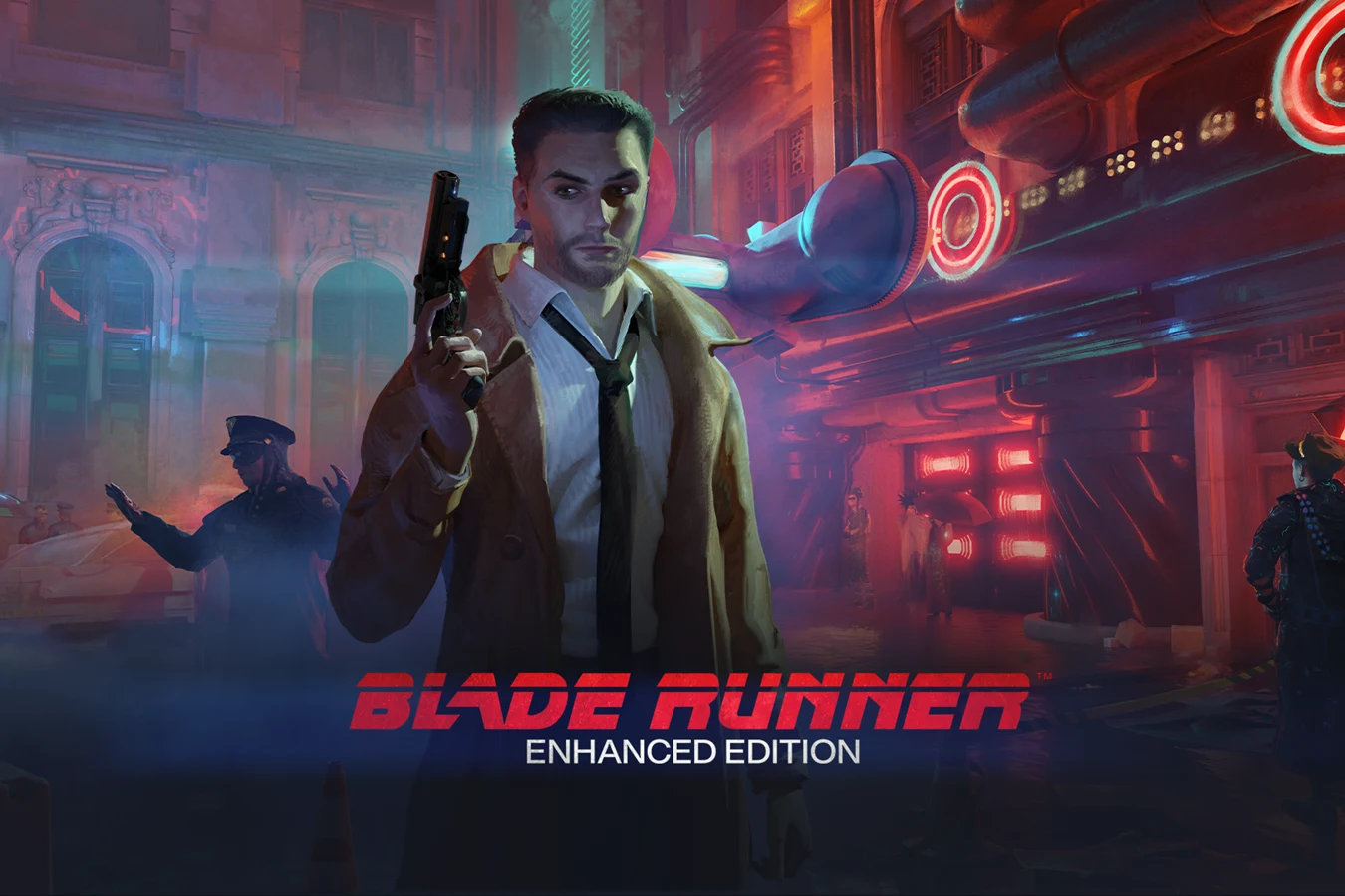 Ray McCoy in a trench coat with a pistol raised, from Blade Runner Enhanced Edition