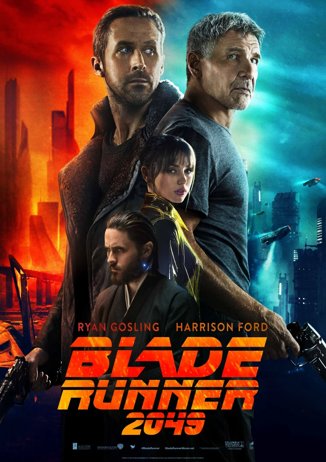 Blade Runner 2049 theatrical poster with Ryan Gosling, Harrison Ford, Ana de Armas, and Jared Leto