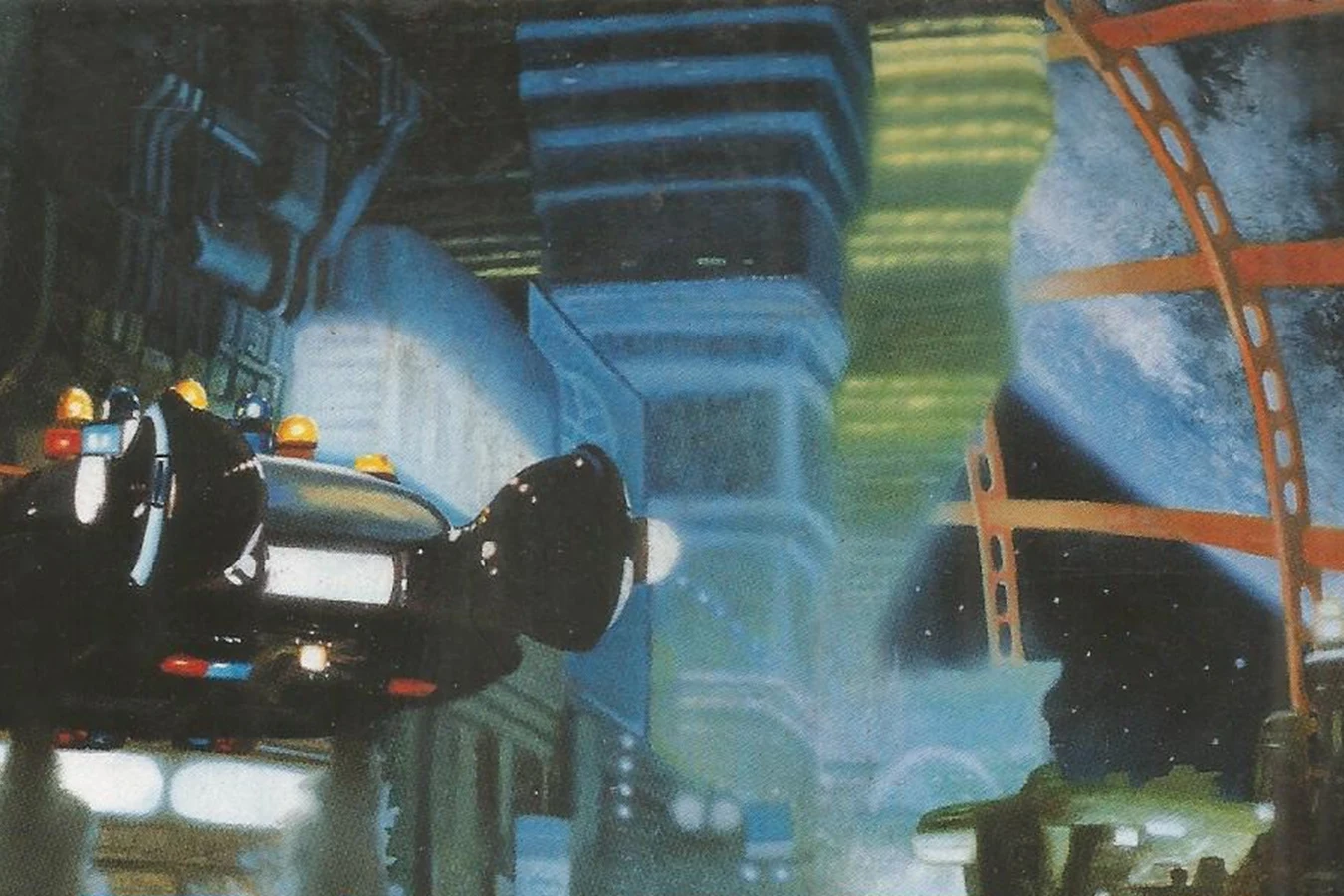 A spinner over a night city on the cover art used for K. W. Jeter's Blade Runner novels