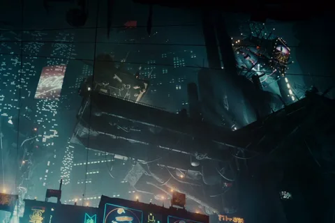 Rain-dark Los Angeles towers, neon signs, and a hanging megastructure in Blade Runner