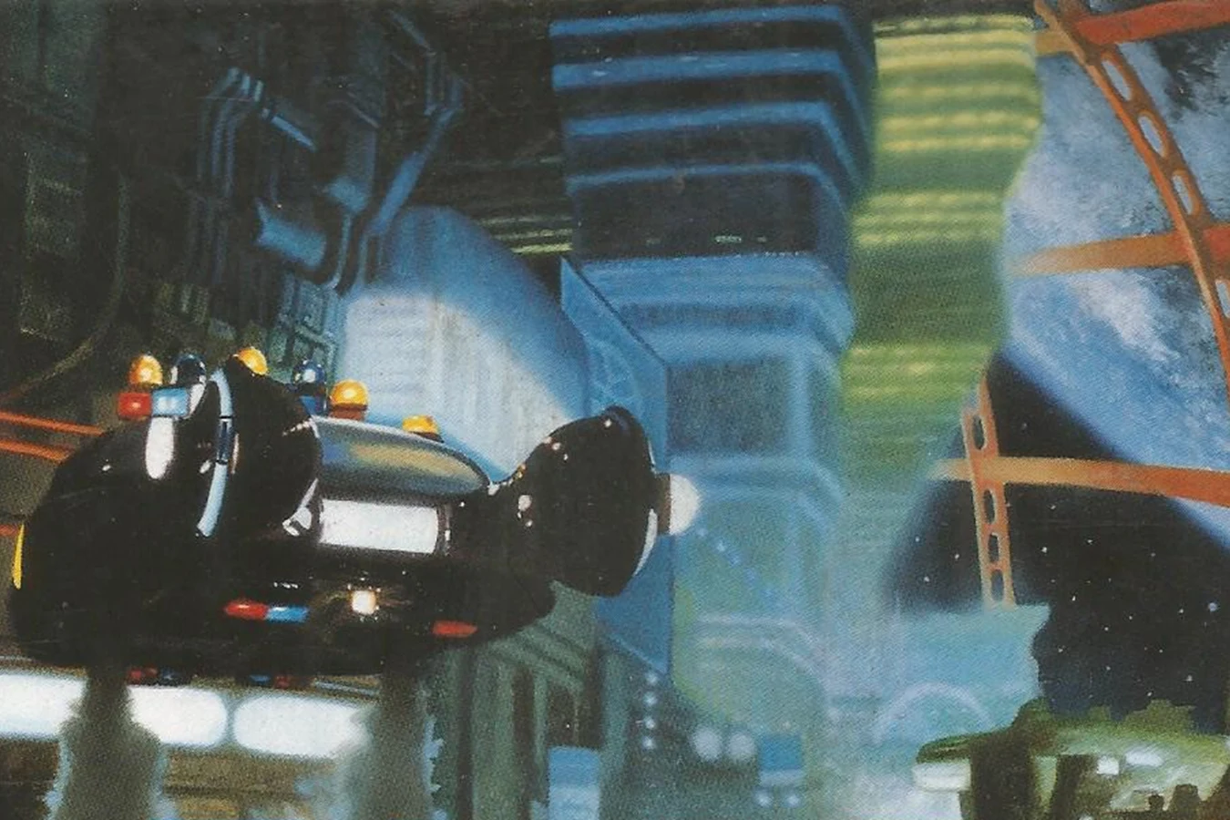 A police spinner flying past lit towers and an off-world planet in the cover art of Blade Runner 3: Replicant Night